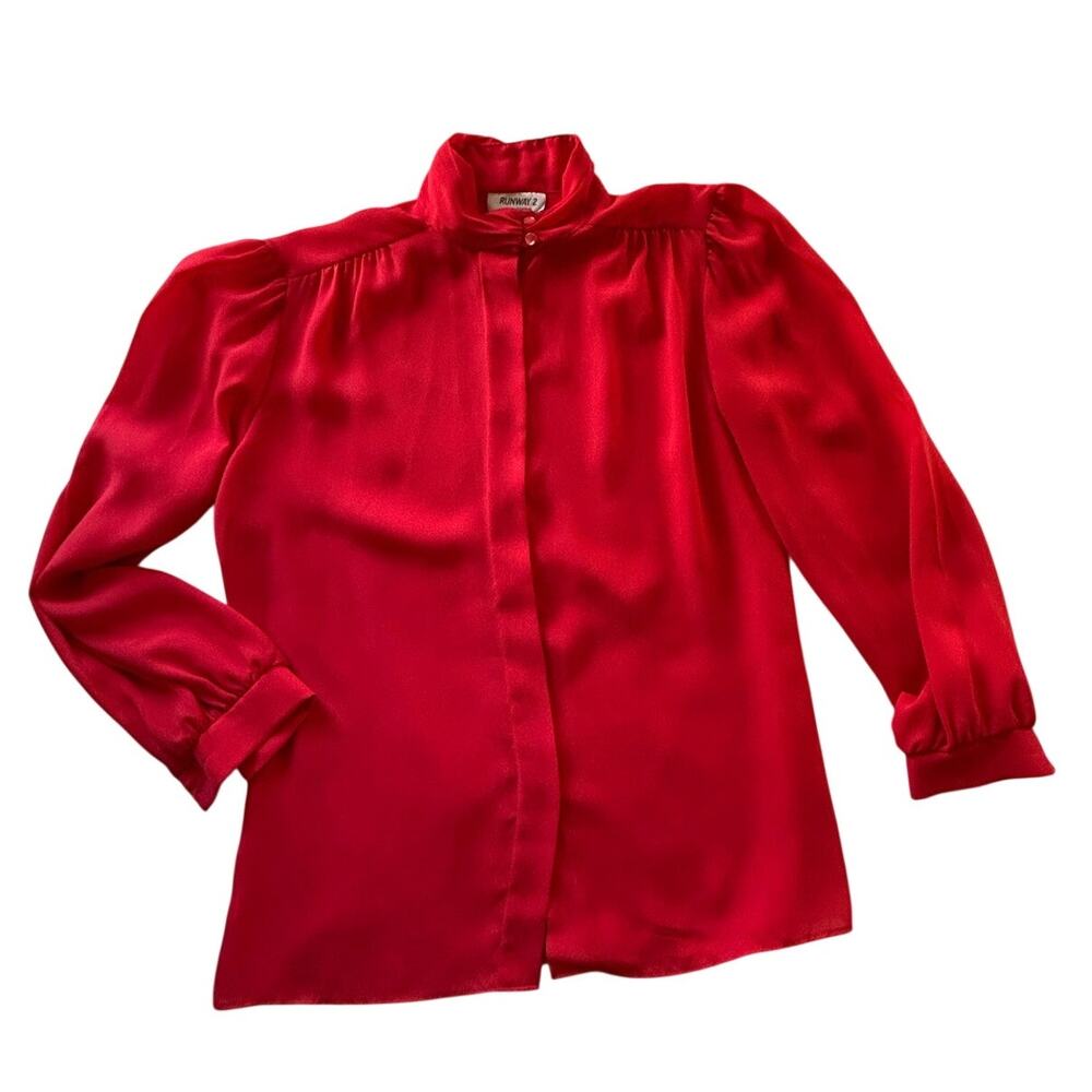 Vintage Runway 2 Petites Red Puff Sleeve Blouse Mock Neck Secretary Top Size 10